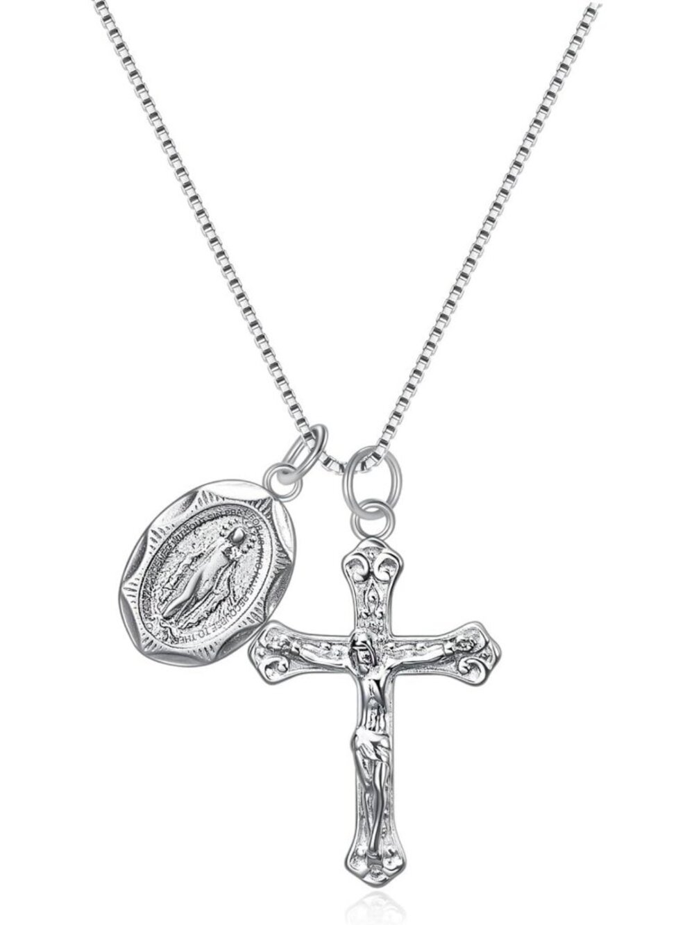 Sterling Silver Crucifix Cross & Miraculous Medal Pendant Necklace for Women